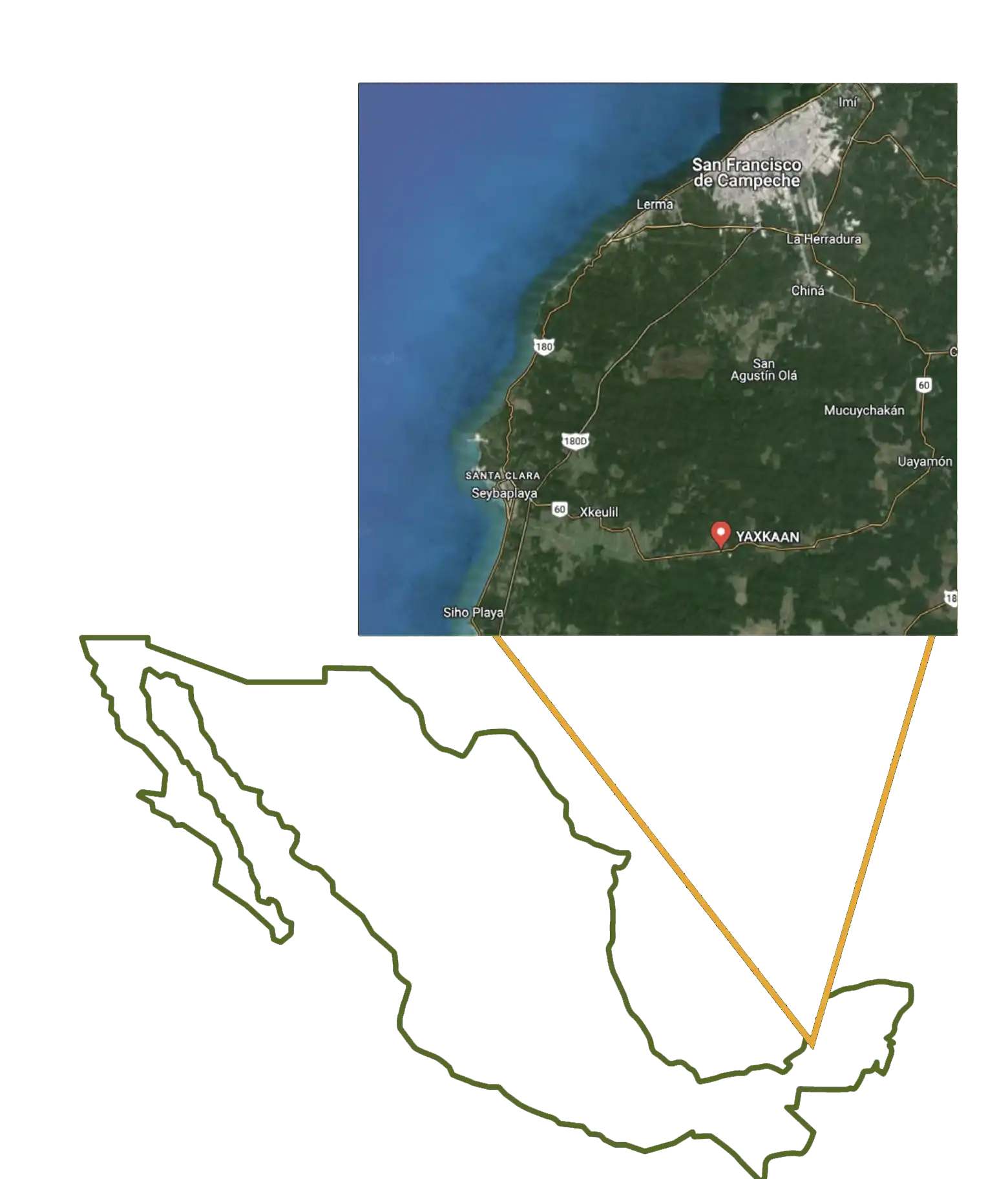 Ubicación de Yaxka'an respecto a Campeche y al territorio de México